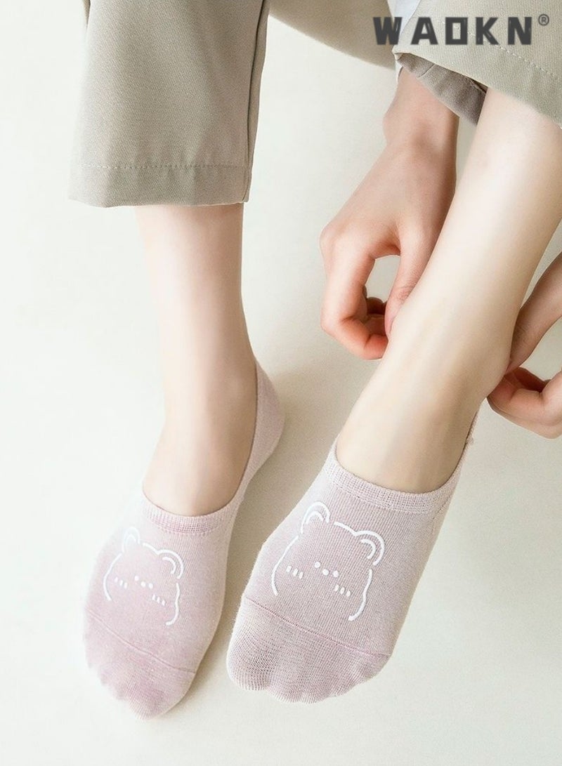 WAOKN 6 Pairs Cotton Boat Socks Women Summer Breathable Short Socks Fashion Cartoon Bear Printed Non-Slip Invisible Socks,Casual Cotton Stretchy Novelty Socks,Perfect for Everyday Wear - Image 2