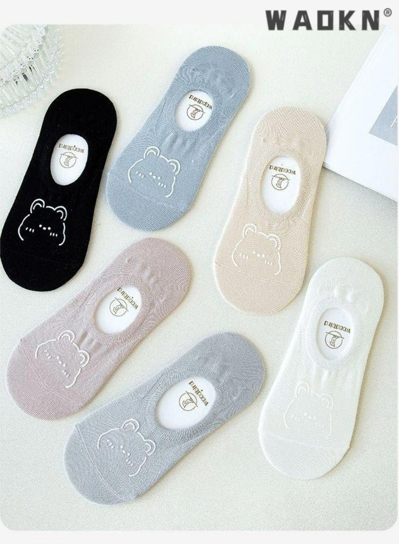 WAOKN 6 Pairs Cotton Boat Socks Women Summer Breathable Short Socks Fashion Cartoon Bear Printed Non-Slip Invisible Socks,Casual Cotton Stretchy Novelty Socks,Perfect for Everyday Wear - Image 4