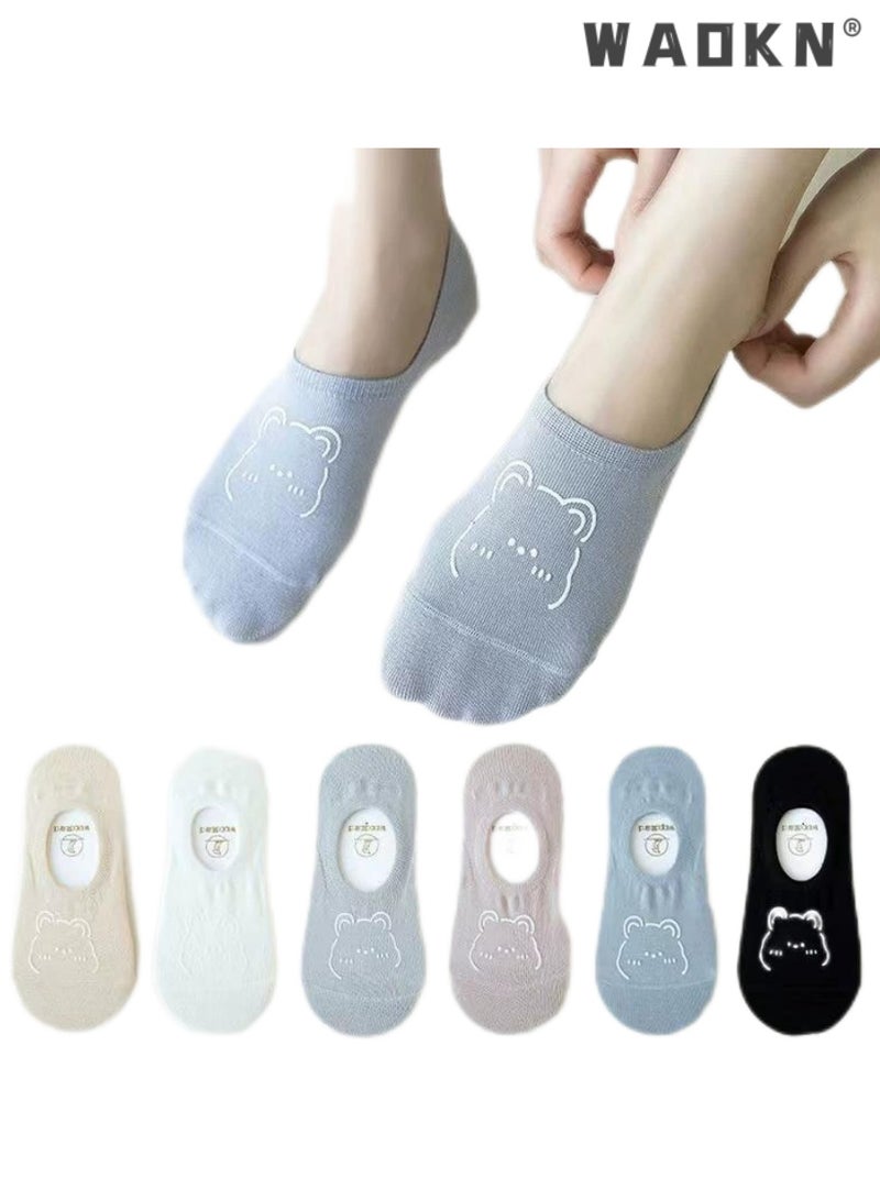 WAOKN 6 Pairs Cotton Boat Socks Women Summer Breathable Short Socks Fashion Cartoon Bear Printed Non-Slip Invisible Socks,Casual Cotton Stretchy Novelty Socks,Perfect for Everyday Wear - Image 5