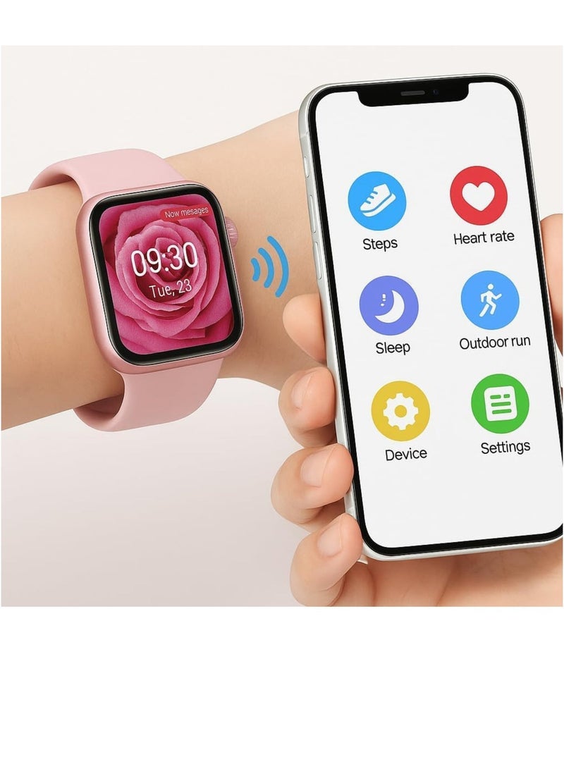 هاي س ساعة Hie-Q HQ9 الذكية الصغيرة باللون الوردي - سلسلة 10، شاشة AMOLED، 4 أحزمة قابلة للتبديل، ساعة ذكية أنيقة وصغيرة الحجم للنساء والفتيات، متتبع للياقة البدنية، مراقب لمعدل ضربات القلب والنشاط، ساعة عصرية قابلة للارتداء - Image 3