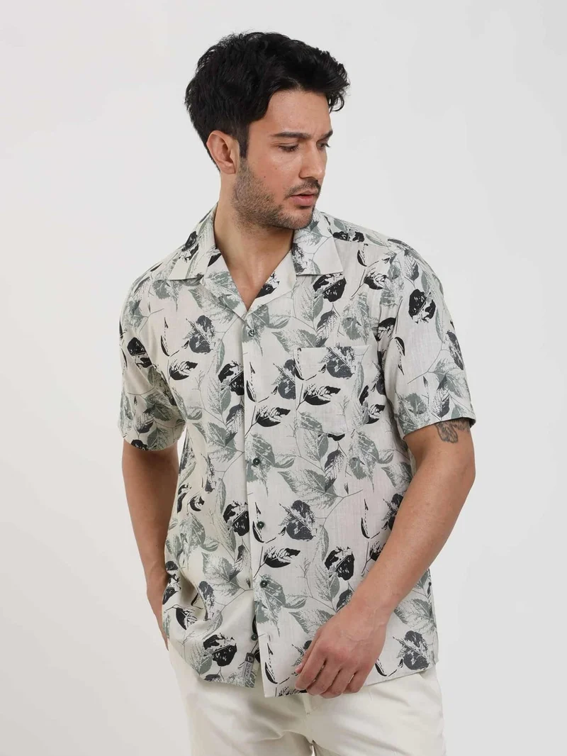 دوفي Green Men's Regular Fit Striped Open Collar Short Sleeve Shirt - 104895