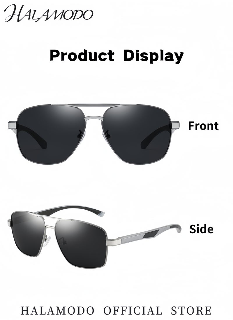 HALAMODO - Men's Sunglasses Polarized UV400 Protection Retro Classic Sunglasses Eyewear Lightweight Sun Glasses Metal Double-beam large-frame Sunglasses for Driving Fishing Hiking Travel - Image 1