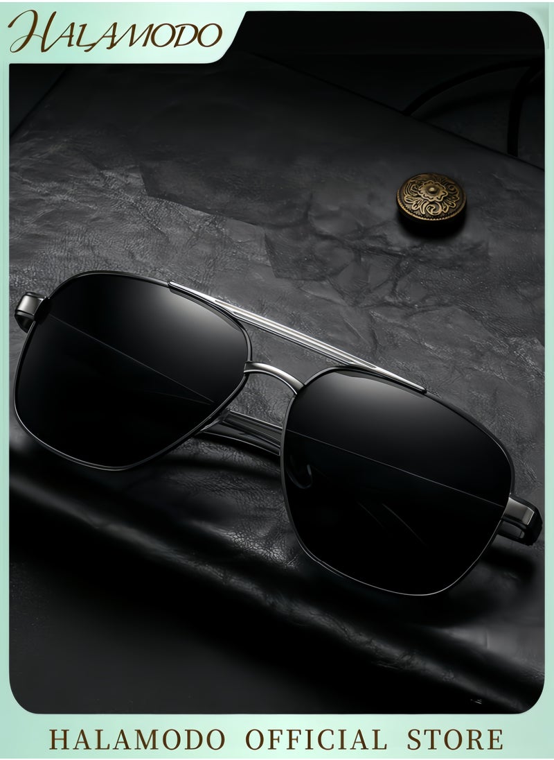 HALAMODO - Men's Sunglasses Polarized UV400 Protection Retro Classic Sunglasses Eyewear Lightweight Sun Glasses Metal Double-beam large-frame Sunglasses for Driving Fishing Hiking Travel - Image 1
