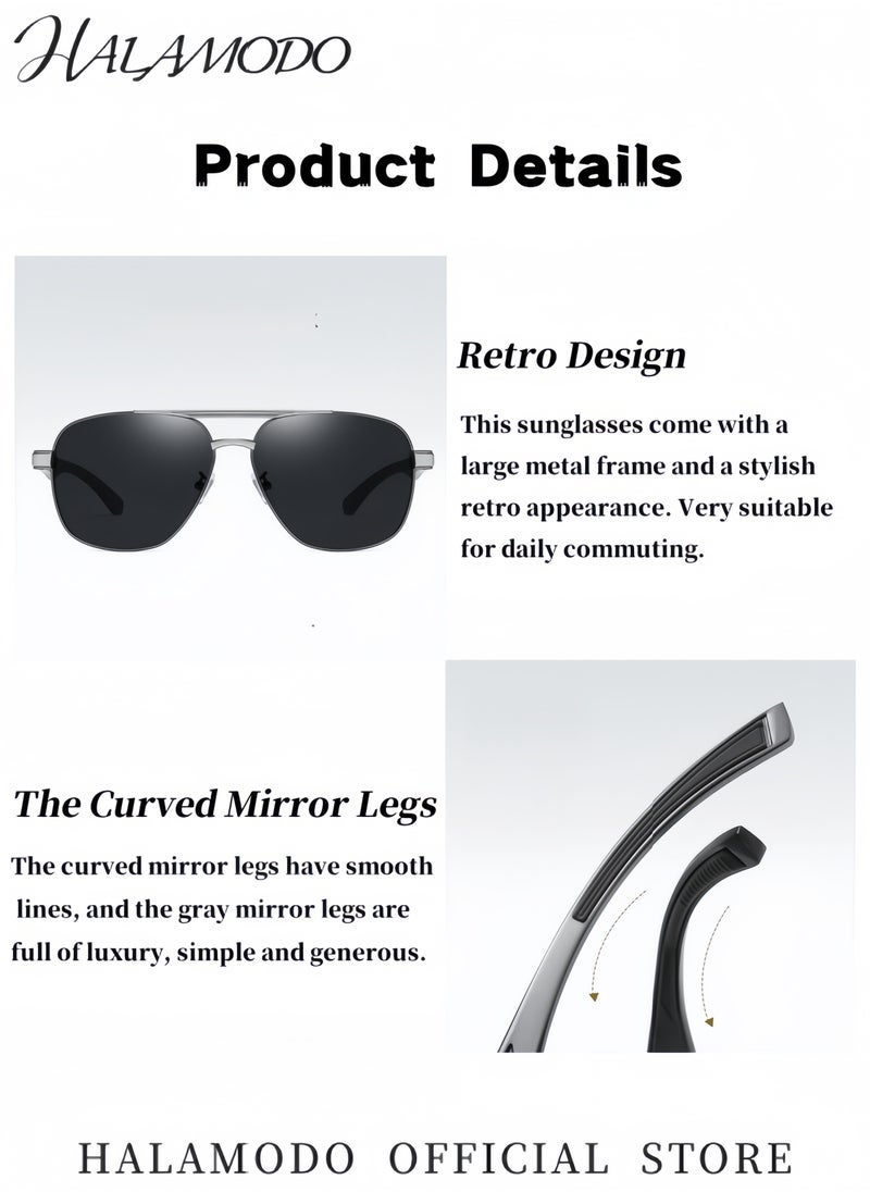 HALAMODO - Men's Sunglasses Polarized UV400 Protection Retro Classic Sunglasses Eyewear Lightweight Sun Glasses Metal Double-beam large-frame Sunglasses for Driving Fishing Hiking Travel - Image 1