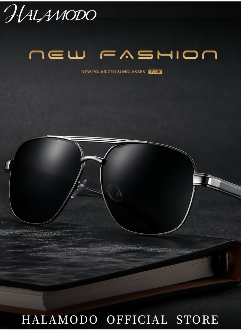 HALAMODO - Men's Sunglasses Polarized UV400 Protection Retro Classic Sunglasses Eyewear Lightweight Sun Glasses Metal Double-beam large-frame Sunglasses for Driving Fishing Hiking Travel - Image 1