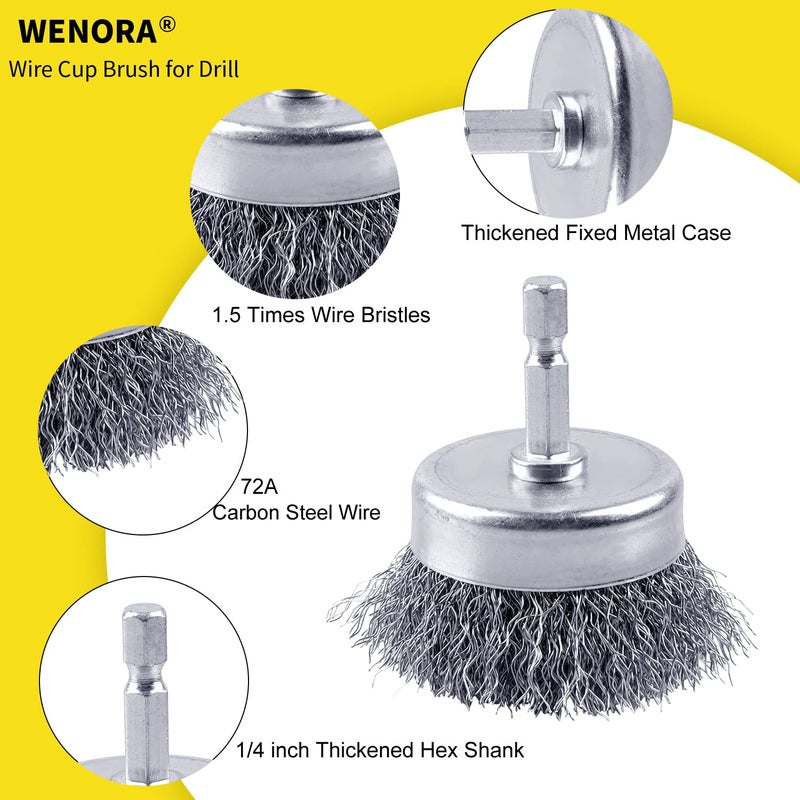 WENORA 4 Pcs Wire Cup Brush Set For Drill  Wenora Wire Brush For Drill 1/4 Inch Hex Shank  0.010 Inch Coarse Carbon Steel Drill Wire Brush  Wire Brush Drill Attachments Rust Removal - Image 4