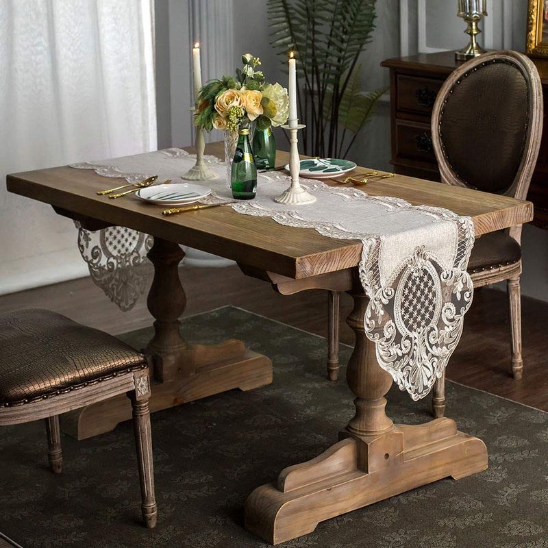 ARTABLE Lace Table Runner Rectangle Gray Cotton Linen Fabric Dresser Scarf with Exquisite Macrame Embroidery Table Runners for Kitchen Home Wedding Party Dining Decoration (Stone Gray, 16 x 70 Inch) - Image 2