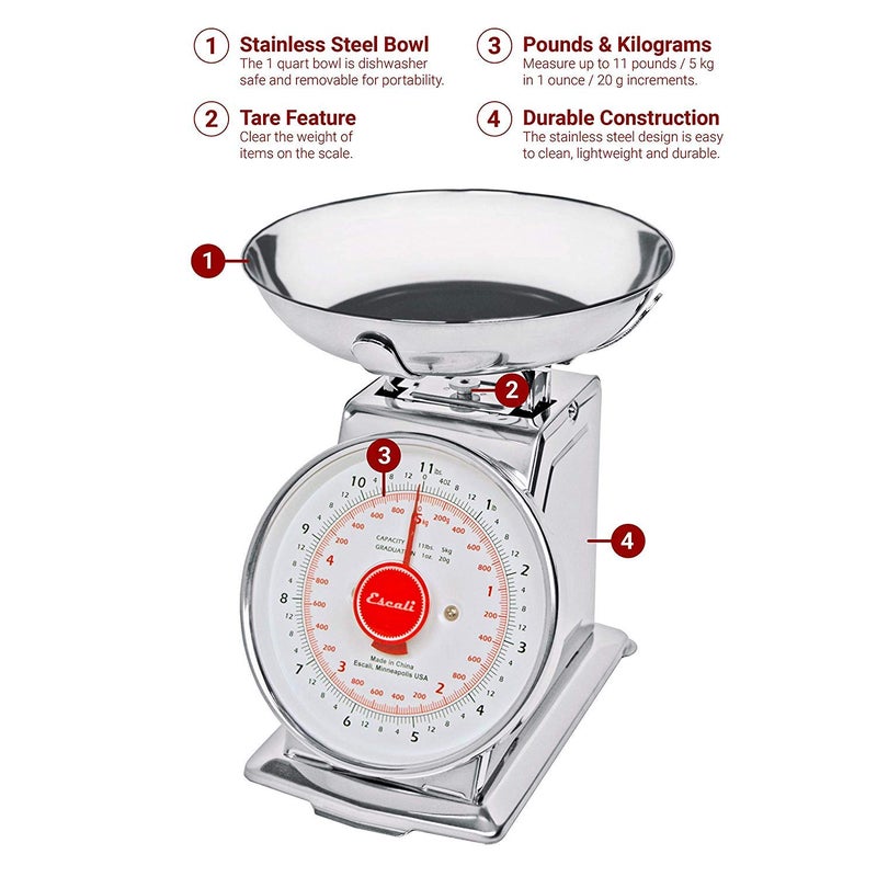 Escali DS115B Mercado Retro Classic Mechanical Dial Stainless Steel Scale, Removeable Bowl, Tare Functionality, 11lb Capacity, Stainless - Image 2