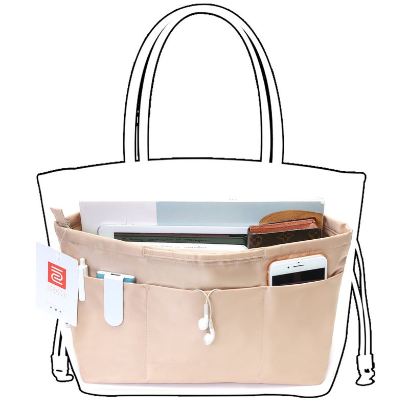 iN. Purse Organizer Insert with zipper Nylon fabric for women Handbags & Totebag beige Size: Medium: 15.7"(Top)/12.2"(Bottom) L × 4.7" W × 8.3" H - Image 3