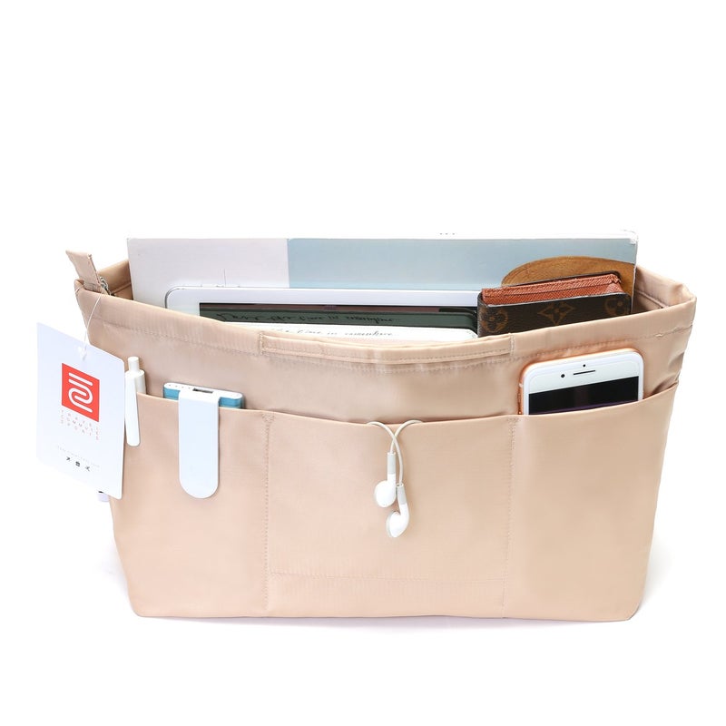 iN. Purse Organizer Insert with zipper Nylon fabric for women Handbags & Totebag beige Size: Medium: 15.7"(Top)/12.2"(Bottom) L × 4.7" W × 8.3" H - Image 2