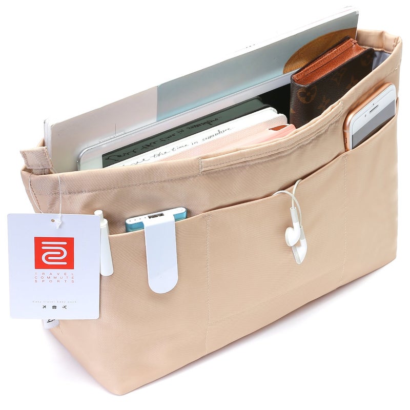 iN. Purse Organizer Insert with zipper Nylon fabric for women Handbags & Totebag beige Size: Medium: 15.7"(Top)/12.2"(Bottom) L × 4.7" W × 8.3" H - Image 1
