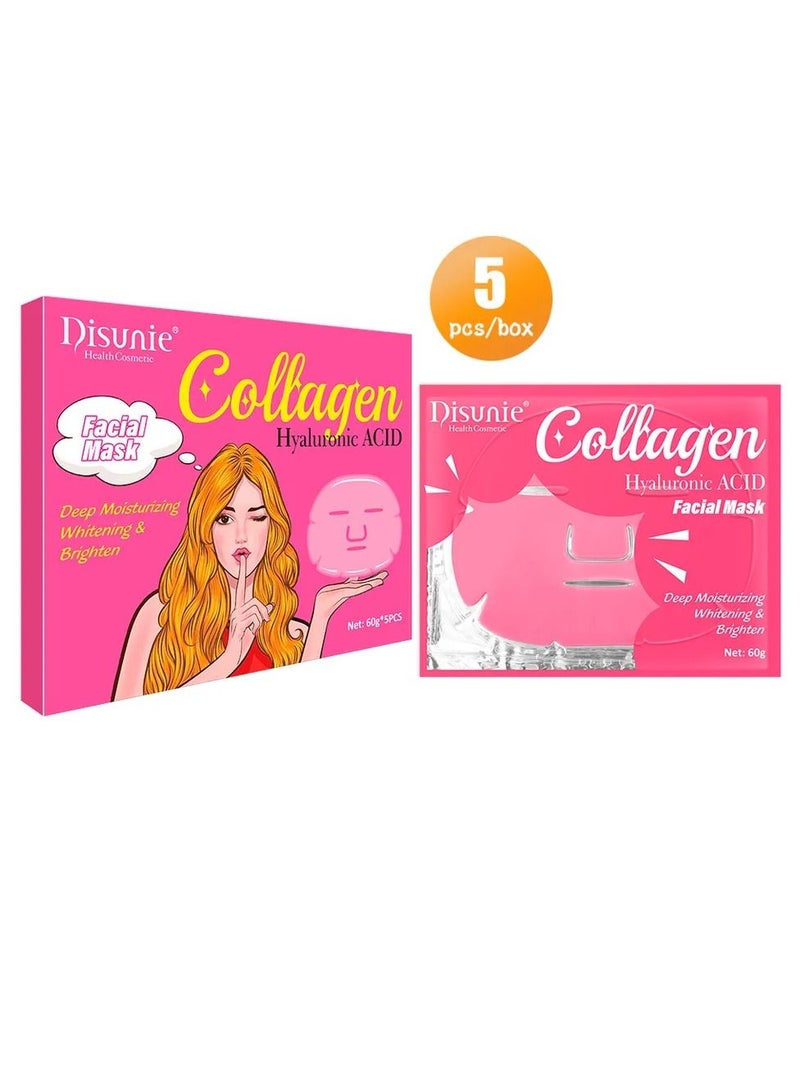 Disunie 5 Pieces Facial Mask Sheet for Skincare Hyaluronic Acid Hydrating and Moisturizing Face Sheet Mask Helps Reduce Fine Lines and Wrinkles Smooths and Repairs Skin Collagen Facial Mask - Image 2