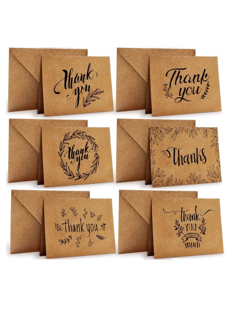 Premify 36 Pack Thank You Cards, 6 Design Kraft Paper Cards with Envelopes | Note Card & Stickers, Blank Inside for Thank U Greeting, Graduation, Wedding, Baby Shower, Birthday Party (4 x 6 In) - Image 1
