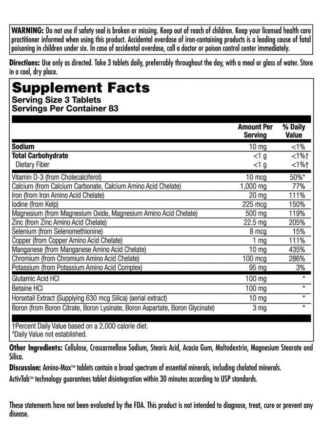 KAL Amino Max, Amino Acids, Multi-Mineral Complex Chelated Minerals 250 Tablets - Image 2