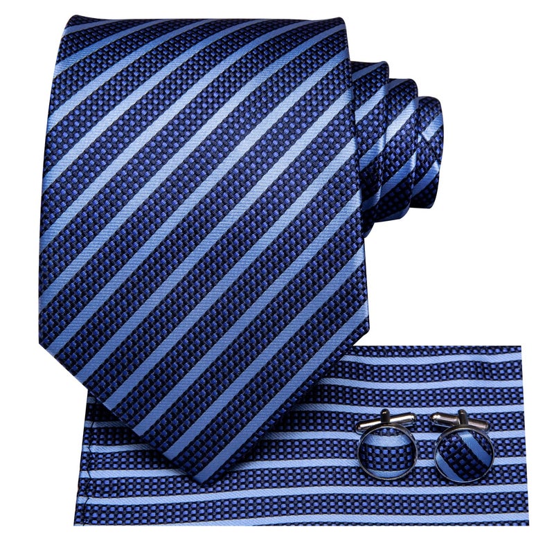 Hi-Tie Men Ties Sets Silk Stripe Paisley Necktie Pocket Square Cufflinks for Business Wedding,B Blue - Image 2