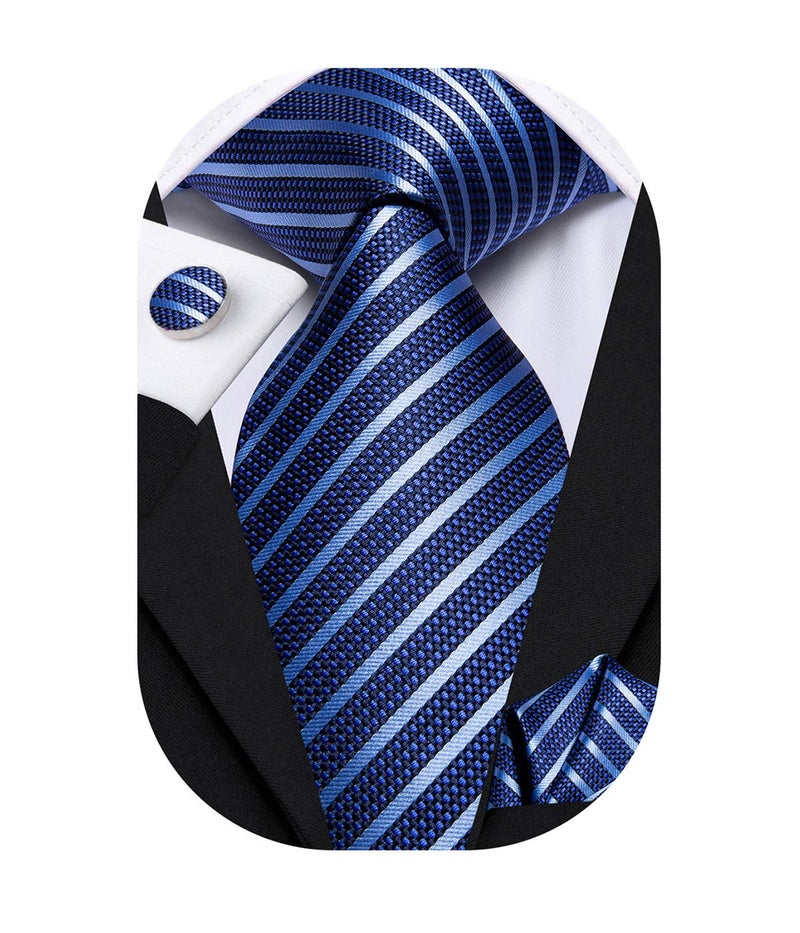 Hi-Tie Men Ties Sets Silk Stripe Paisley Necktie Pocket Square Cufflinks for Business Wedding,B Blue - Image 1