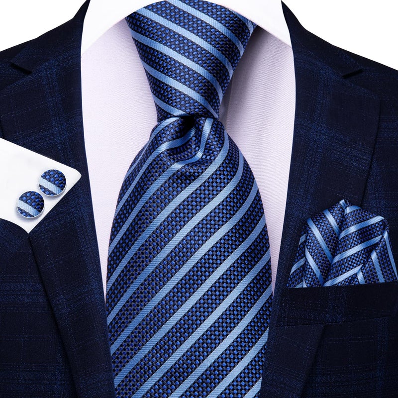 Hi-Tie Men Ties Sets Silk Stripe Paisley Necktie Pocket Square Cufflinks for Business Wedding,B Blue - Image 3