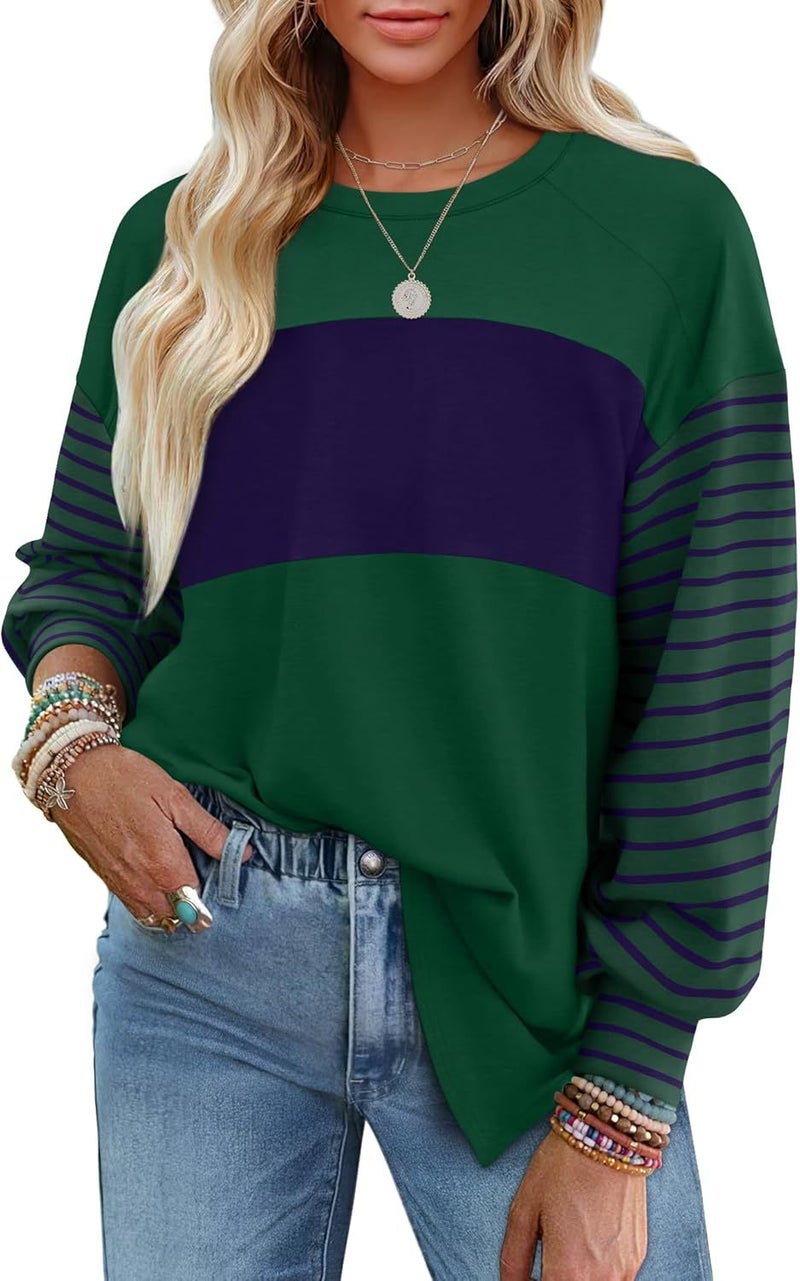 2024 Women'S New Pullover Round Neck Casual Striped Contrast Color Long Sleeve T-Shirt For Women - Image 1