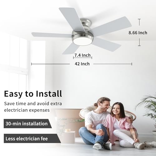 POCHFAN 42 Inch Brushed Nickel Ceiling Fans with Lights and Remote, LED Low Profile Flush Mount Ceiling Fan for Bedroom, Living Room, Patio, Quiet DC Motor, 5 Blades - Image 4