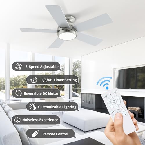 POCHFAN 42 Inch Brushed Nickel Ceiling Fans with Lights and Remote, LED Low Profile Flush Mount Ceiling Fan for Bedroom, Living Room, Patio, Quiet DC Motor, 5 Blades - Image 3