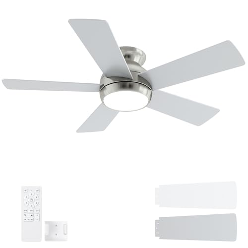 POCHFAN 42 Inch Brushed Nickel Ceiling Fans with Lights and Remote, LED Low Profile Flush Mount Ceiling Fan for Bedroom, Living Room, Patio, Quiet DC Motor, 5 Blades - Image 1