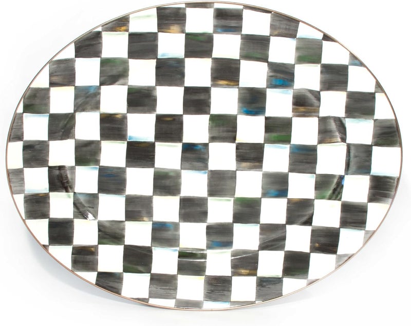 mackenzie childs MACKENZIECHILDS Enamel Oval Platter Serving Plate for Entertaining Large BlackandWhite Courtly Check - Image 1