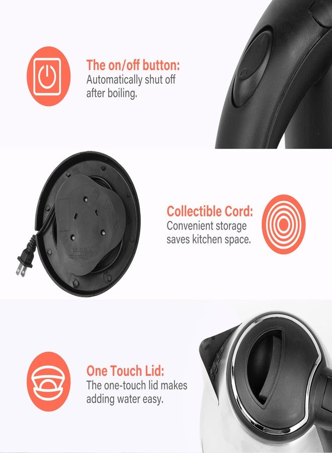 YSSOA Stainless Steel Electric Tea Kettle, Electric Kettles for Boiling Water, 1.7L Electric Kettle, Cordless Water Boiler with 360 Degree Rotational Base, Automatic Shut Off, 1000W, Silver (Black) - Image 4
