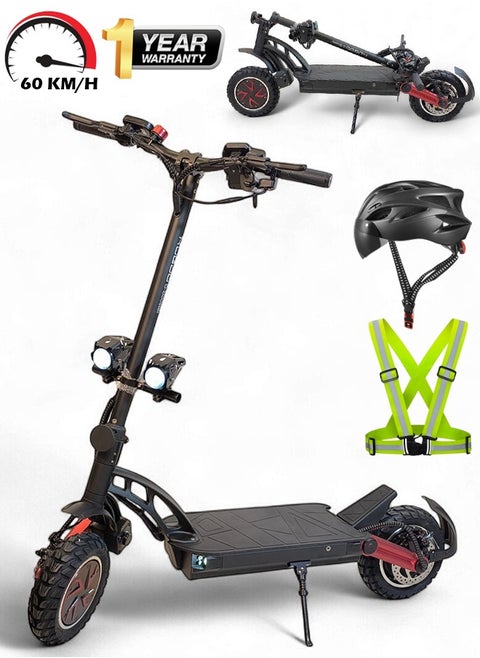 Electric Folding Scooter with 2400W Dual Motor, 48V 20.8Ah Battery, 60KM/h Max Speed, 70KM Range, Remote Start and Lock System, Dual Bright Headlights and 150KG Load Capacity with Helmet and Safety Vest