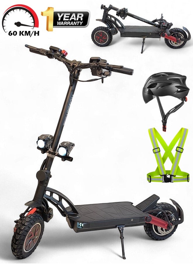 KUGOO - Electric Folding Scooter with 2400W Dual Motor, 48V 20.8Ah Battery, 60KM/h Max Speed, 70KM Range, Remote Start and Lock System, Dual Bright Headlights and 150KG Load Capacity with Helmet and Safety Vest - Image 1