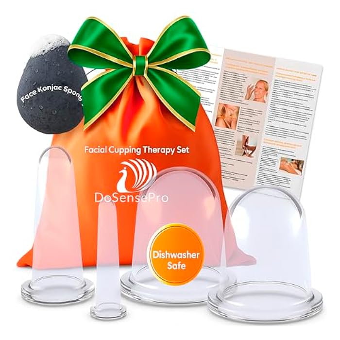 DoSensePro Facial Cupping Set – 4 Silicone Cups for Face, Neck & Body + Konjac Sponge & Guide – Lymphatic Drainage, Anti-Aging, Puffiness Reduction, TMJ Relief & Cellulite Massage – Medical-Grade Silicone - Image 1