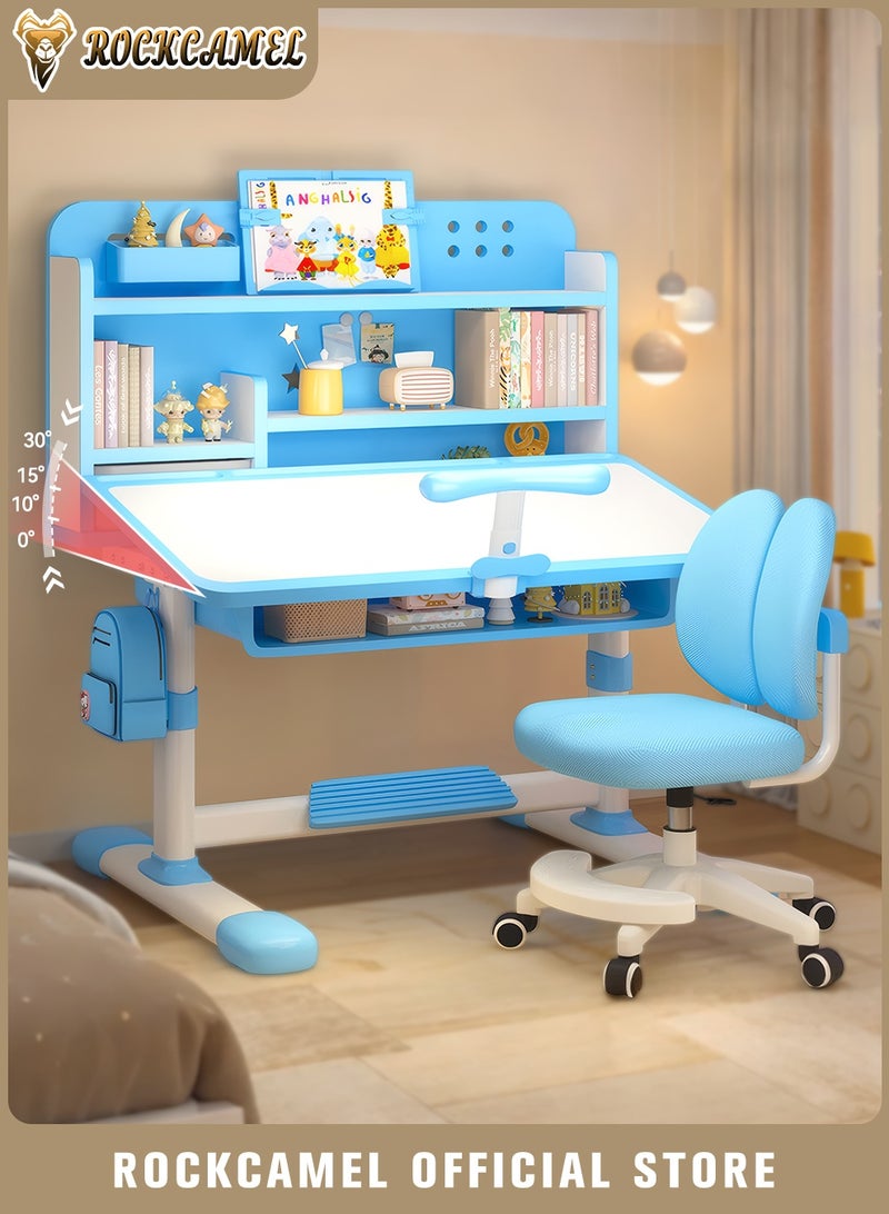 ROCKCAMEL Kids Study Desk & Chair Set, Height-Adjustable Learning Table with Bookshelf, Posture Corrector, Drawer Storage, 80cm Wide Ergonomic Learning Table for Bedroom | Reading | Online Classes, Blue - Image 1