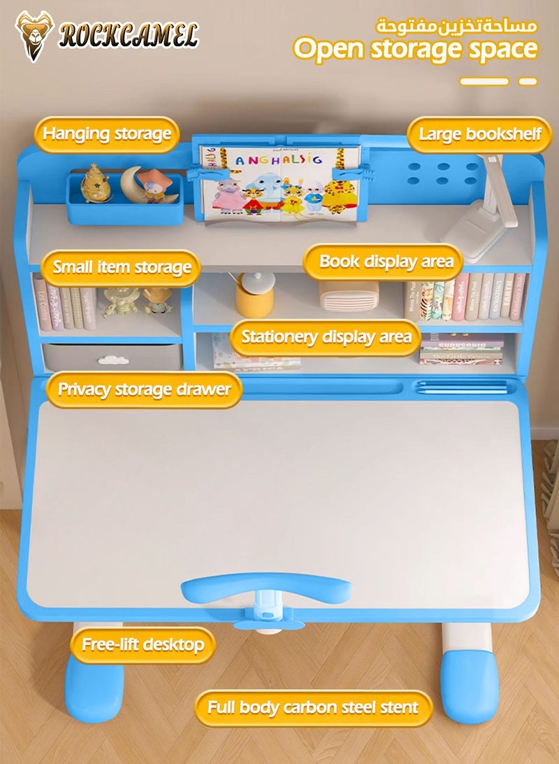 ROCKCAMEL Kids Study Desk & Chair Set, Height-Adjustable Learning Table with Bookshelf, Posture Corrector, Drawer Storage, 80cm Wide Ergonomic Learning Table for Bedroom | Reading | Online Classes, Blue - Image 2