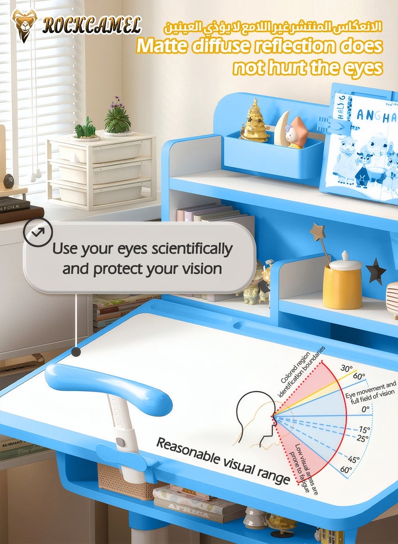 ROCKCAMEL Kids Study Desk & Chair Set, Height-Adjustable Learning Table with Bookshelf, Posture Corrector, Drawer Storage, 80cm Wide Ergonomic Learning Table for Bedroom | Reading | Online Classes, Blue - Image 5