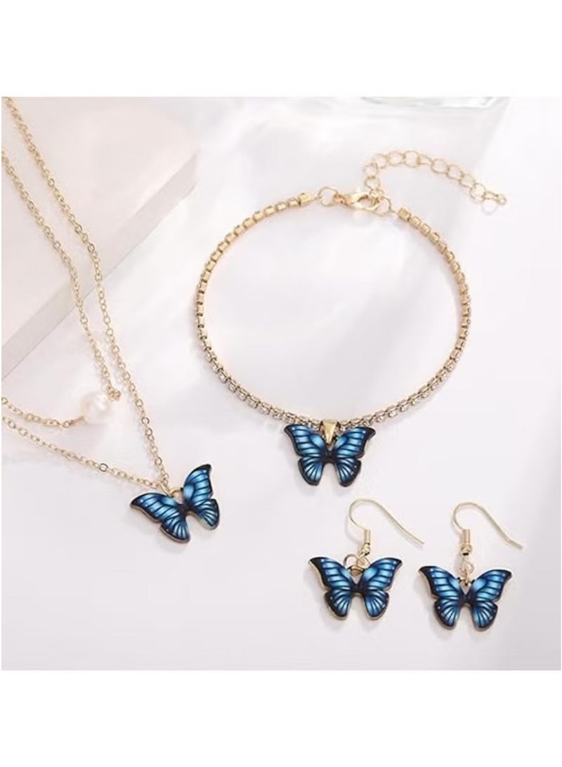 Huitich Blue Butterfly Jewelry Set – Necklace, Bracelet & Earrings Trio - Image 2