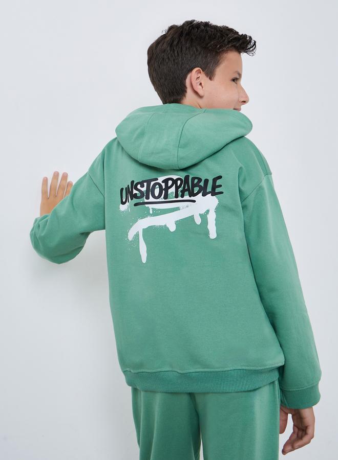 Styli Teens Green Graphic Print Cotton Hoodie - Image 1