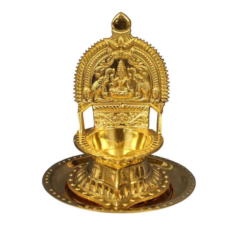 Spillbox Spillbox Traditional Brass Kamachi Diya for Puja Deepam Oil Lamp for Home Temple Kamatchi Devi Maa Hindu Combo of Kamatchi Amman Vilakku with Plate 