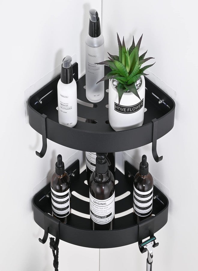 DUFU Adhesive Corner Shower Caddy with Hooks,Bathroom Shower Organizer, No Drilling Rust Proof Aluminum Shower Shelf for Inside Shower 2 Pack (Black) - Image 1