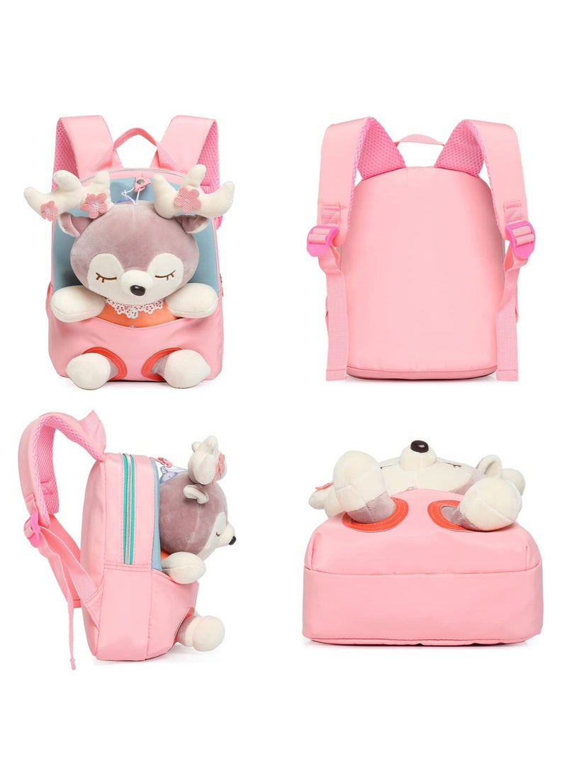 Little Doll Stuffed Animal kids Plush Backpack, Lovely Toddler Backpack, Cartoon Preschool Purse for Kids, Suitable for  2-6 Years Girl Boy (Pink) - Image 3