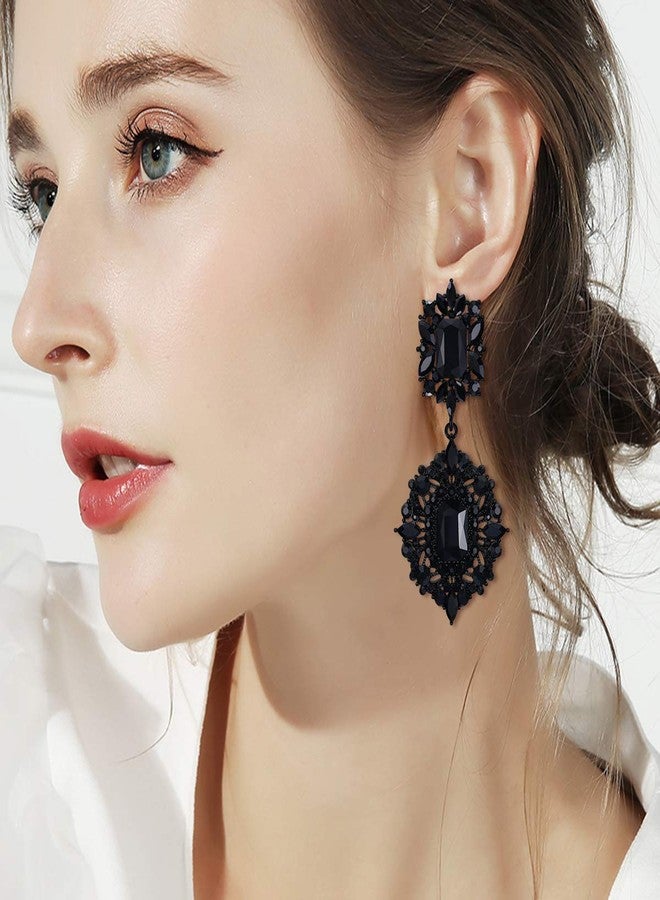 Flyonce Women's Rhinestone Clip-on Earrings, Sparkly Crystal Art Deco Non Pierced Clip On Dangle Earrings Black Black-Tone - Image 2