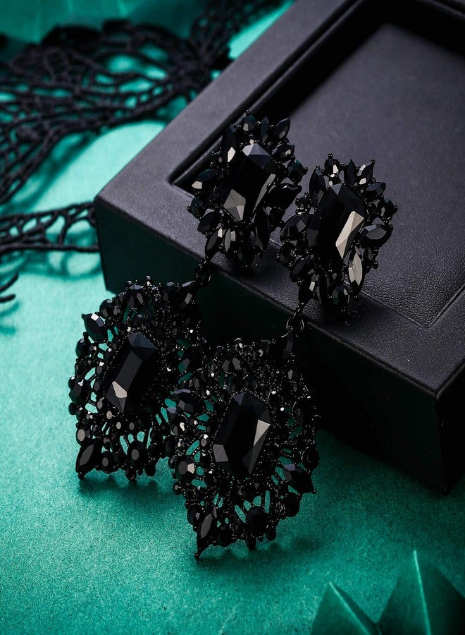 Flyonce Women's Rhinestone Clip-on Earrings, Sparkly Crystal Art Deco Non Pierced Clip On Dangle Earrings Black Black-Tone - Image 5