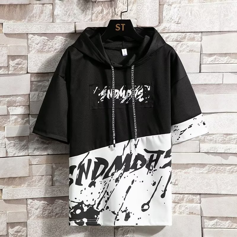 Hooded Trend Half Sleeve Daily Letter T-Shirt New Fashion Fashion Brand Exquisite Korean Style Fashion Urban Summer Men - Image 2