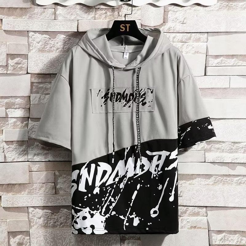 Hooded Trend Half Sleeve Daily Letter T-Shirt New Fashion Fashion Brand Exquisite Korean Style Fashion Urban Summer Men - Image 3