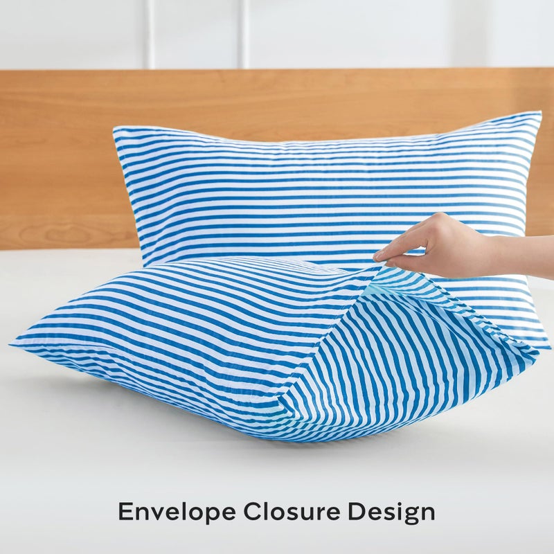 JELLYMONI 100% Natural Cotton Striped Standard Pillowcases Set, 2 Pack White and Blue Stripes Pattern Printed Pillow Covers with Envelope Closure(Pillows are not Included) - Image 4