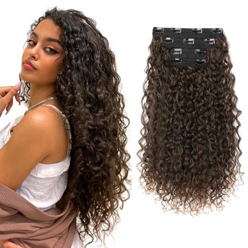 Flufymooz Clip in Hair Extensions, FLUFYMOOZ 4PC 100ï¼… Pure Protein Silk Hair Extensions Long Soft Natural Hairpiece 20 Inch Curly Hair Extension for Women (Dark Almond brown with copper) - Image 1