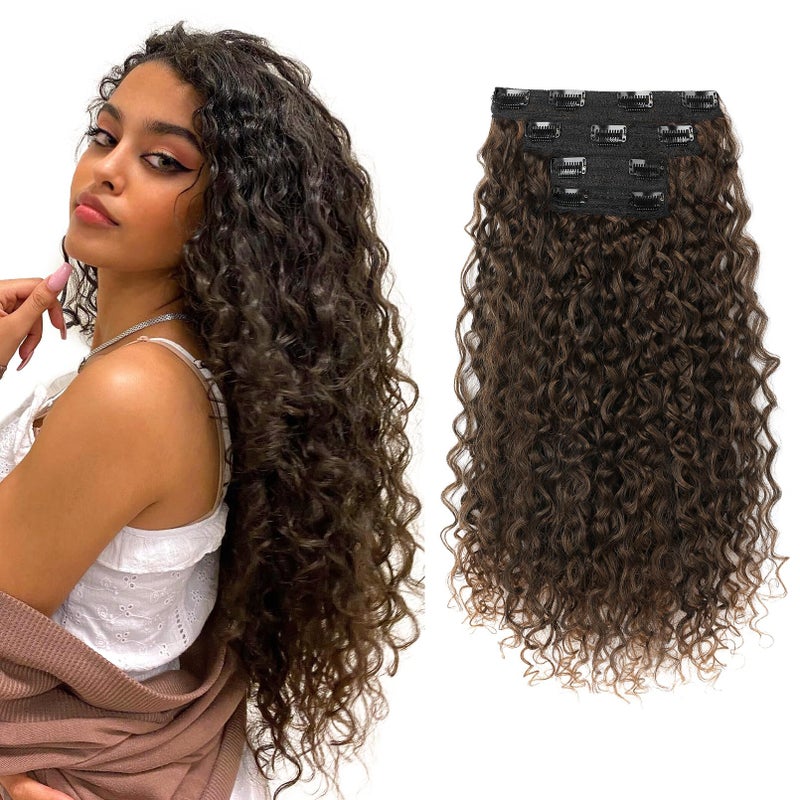 Flufymooz Clip in Hair Extensions, FLUFYMOOZ 4PC 100ï¼… Pure Protein Silk Hair Extensions Long Soft Natural Hairpiece 20 Inch Curly Hair Extension for Women (Dark Almond brown with copper) - Image 3
