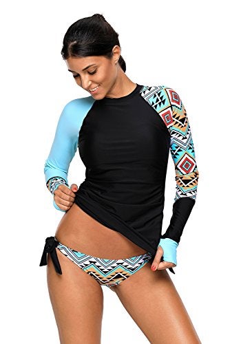 Lopie Women's Long Sleeves Rash Guard Athletic Swim Aztec Bathing Suit Beachwear (X-Large, Blue) - Image 4