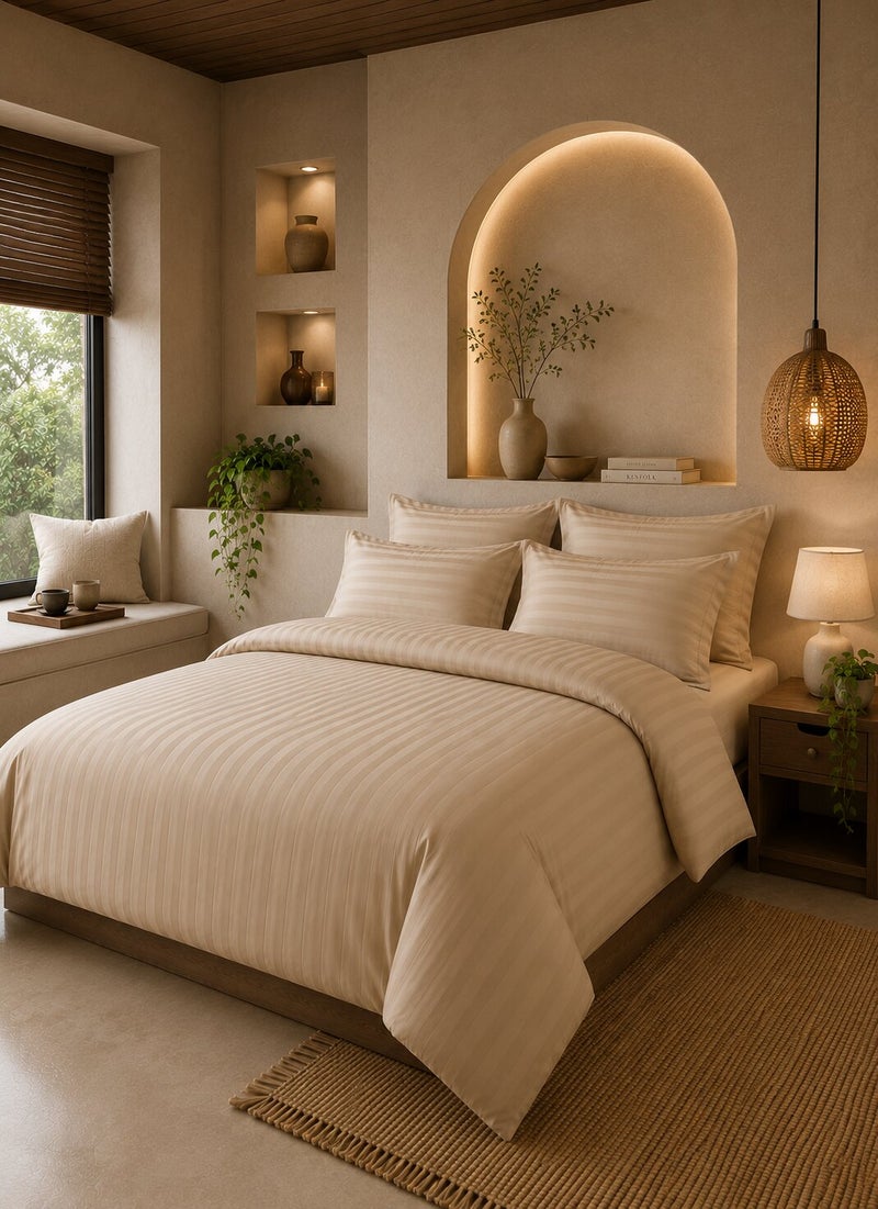 Aristocrat 6-Piece Stripe Microfiber Duvet Cover Set | King | Includes 1 Duvet Cover (240x260cm), 1 Deep Pocket Fitted Sheet (200x200+30cm) & 4 Pillowcases (53x75+15cm) | Ultra Soft, Breathable & Wrinkle Resistant |Beige - Image 1