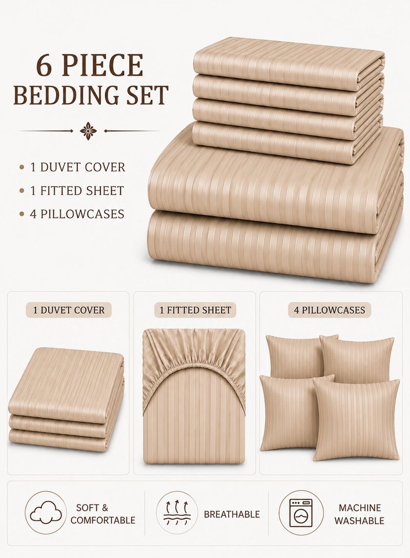 Aristocrat 6-Piece Stripe Microfiber Duvet Cover Set | King | Includes 1 Duvet Cover (240x260cm), 1 Deep Pocket Fitted Sheet (200x200+30cm) & 4 Pillowcases (53x75+15cm) | Ultra Soft, Breathable & Wrinkle Resistant |Beige - Image 2