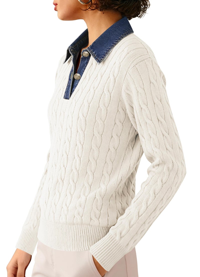 SAUKOLE Pullover Sweater for Women Denim Lapel V Neck Buttons Closure Cable Knitted Tops Loose Dressy Casual Sweaters - Image 5