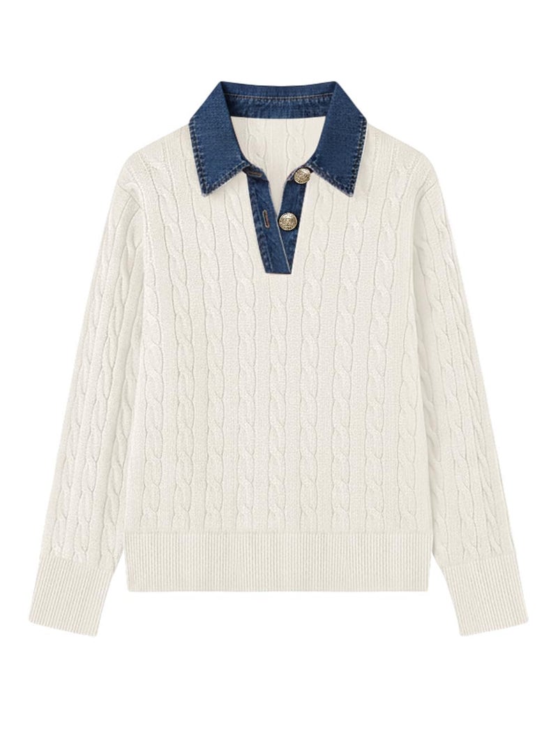 SAUKOLE Pullover Sweater for Women Denim Lapel V Neck Buttons Closure Cable Knitted Tops Loose Dressy Casual Sweaters - Image 4